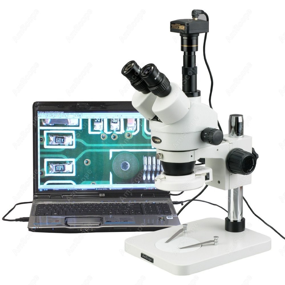 Trinocular Stereo Microscope 7X-45X - กล้องจุลทรรศน์สเตอริโอแบบซูมสามตา AmScope 7X-45X พร้อมไฟวงแหวน LED ขนาดกะทัดรัด