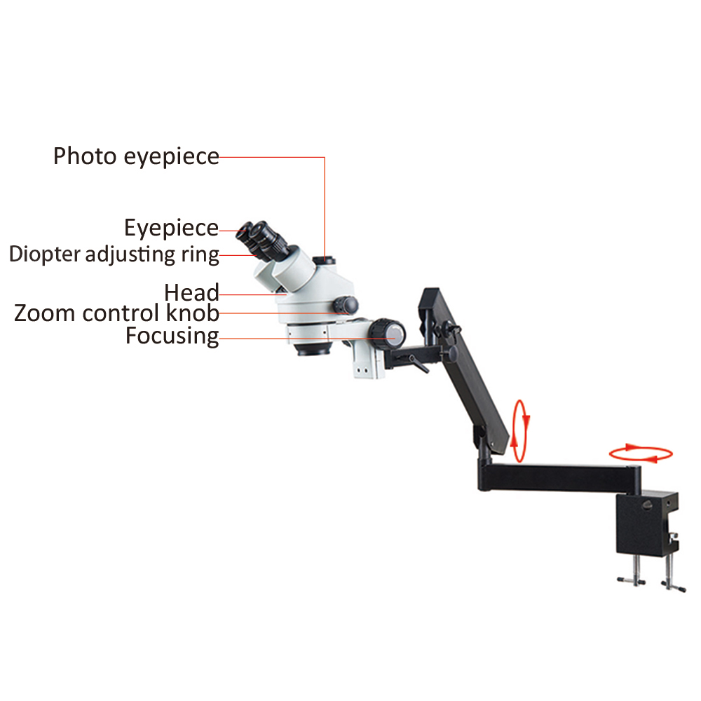 แขนปรับระดับได้พร้อมข้อต่อพับไ - Trinocular Stereo Microscope 7X-45X บทวิจารณ์และราคา
